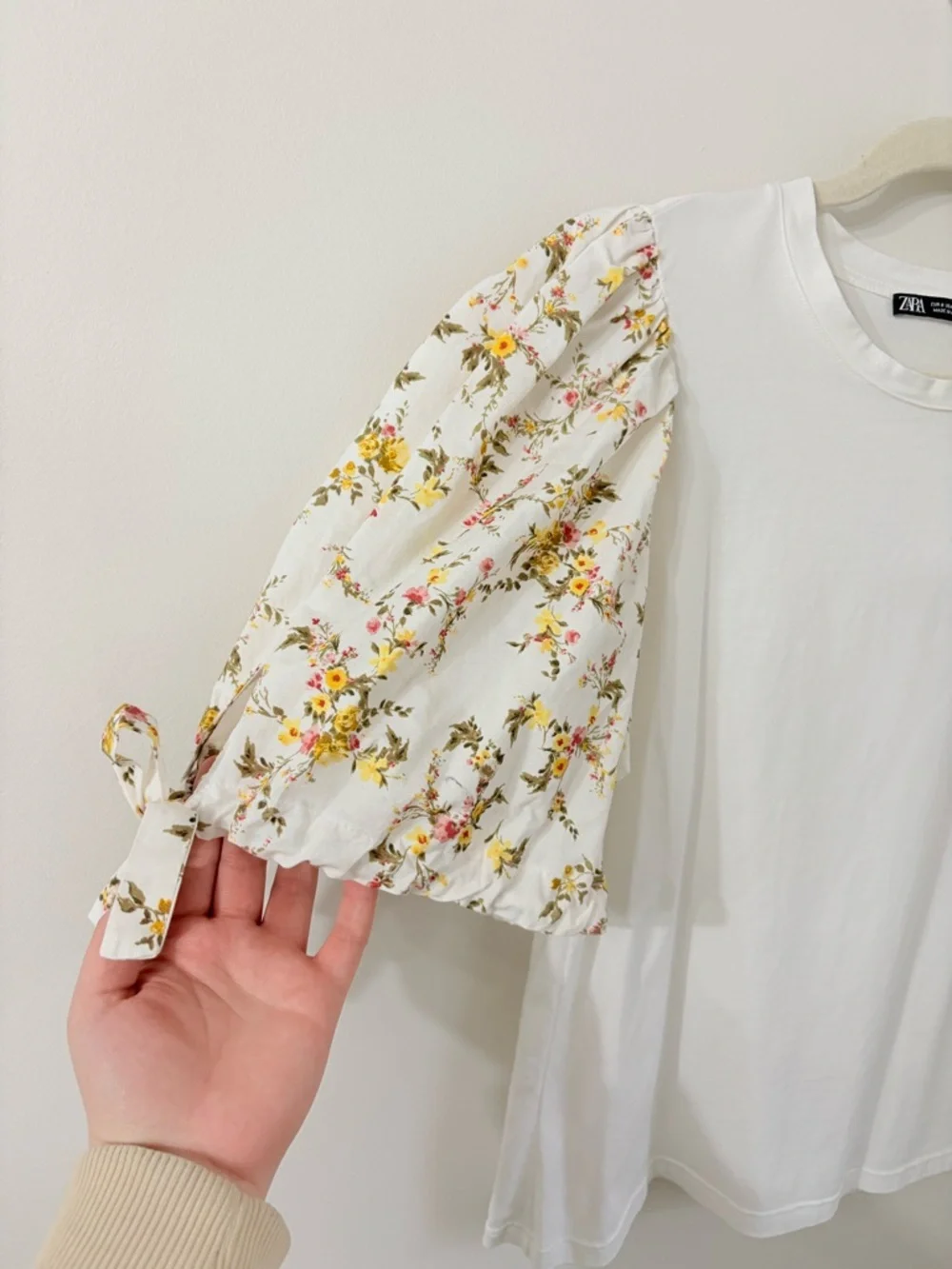 ZARA Poplin Floral Puff Sleeve White T-Shirt Womens S Cottagecore Feminine Boho - Picture 3 of 5